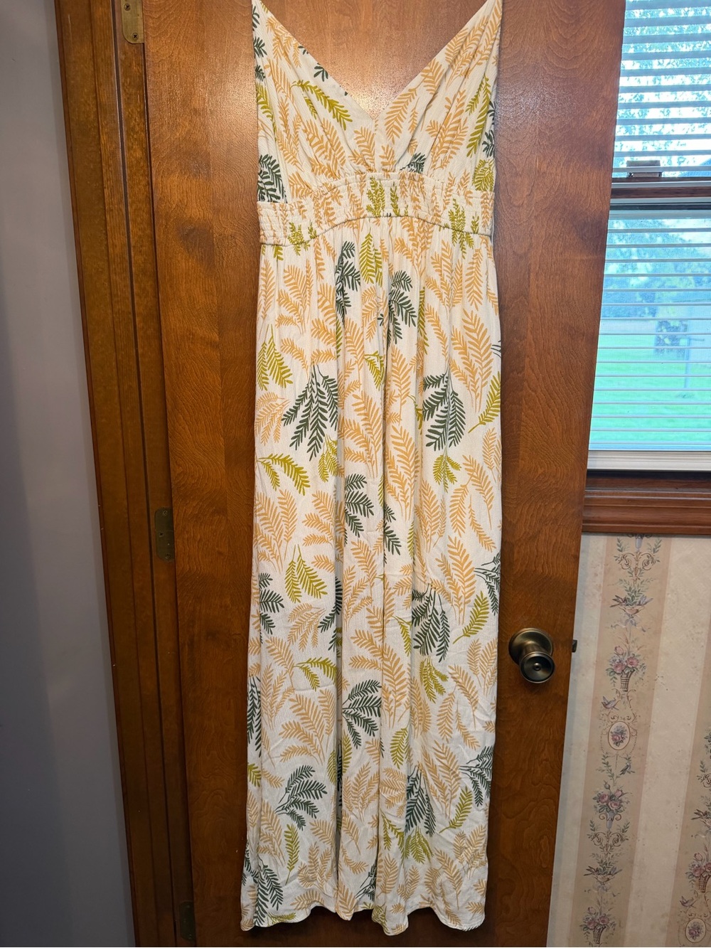 Sleeveless White Maxi dress with Green & Mustard Leaf Print